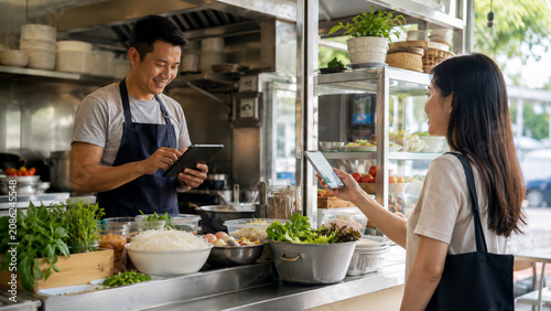 Southeast Asian food vendor using tablet for digital orders at clean stall