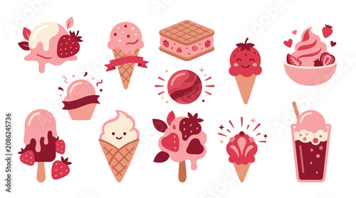 Photos Collection of cute strawberry ice cream illustrations with various flavors and toppings, perfect for summer and dessert themes