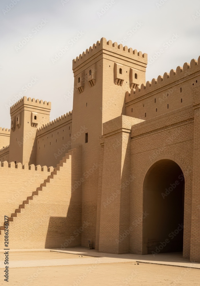 Fototapeta premium Reconstructed Ancient City Walls of Babylon with Majestic Towers and Arched Entrance in Iraq