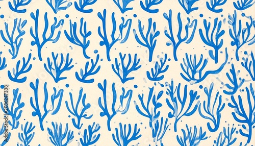 Seamless pattern of blue coral shapes on beige background