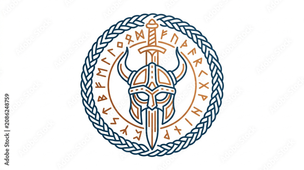 Obraz premium Viking helmet and sword emblem with runes.