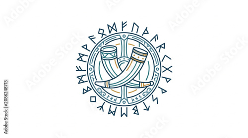 Canvastavla Viking Drinking Horns Emblem with Runes and Sword.