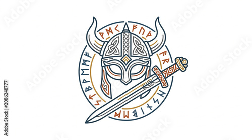 Obraz na plátně Viking helmet and sword with runes illustration.