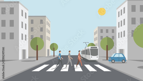 City landscape with diverse citizens crossing the street on a zebra crosswalk while a modern tram waits in the background.