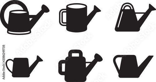 Fotografía Six black watering cans with handles and spouts icon set Vector