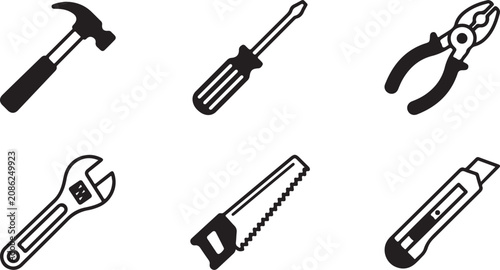 Six essential hand tools set including hammer, screwdriver, pliers, wrench, hacksaw, and utility knife Vector