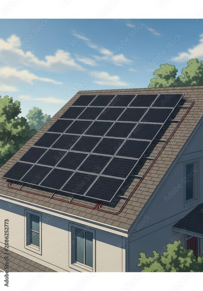 Fototapeta premium Modern Residential House with Solar Panel Installation on Roof for Sustainable Renewable Energy Illustration
