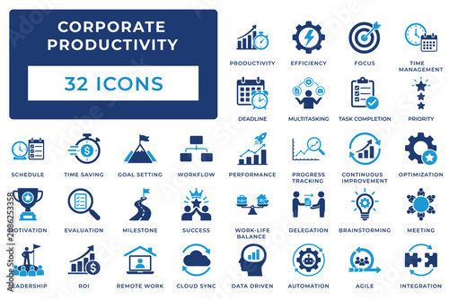 Corporate productivity and time management solid icon set. Includes symbols for Agile Workflow, Data Automation, and Remote Work. Vector icons for business performance and strategy optimization.