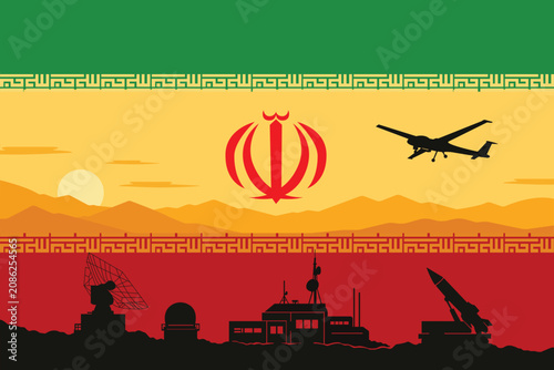 Konstfotografi Iranian Flag with Military Assets: The flag of Iran is displayed as a backdrop to a scene featuring military equipment, including a drone and missile launcher, with a silhouette of a radar station