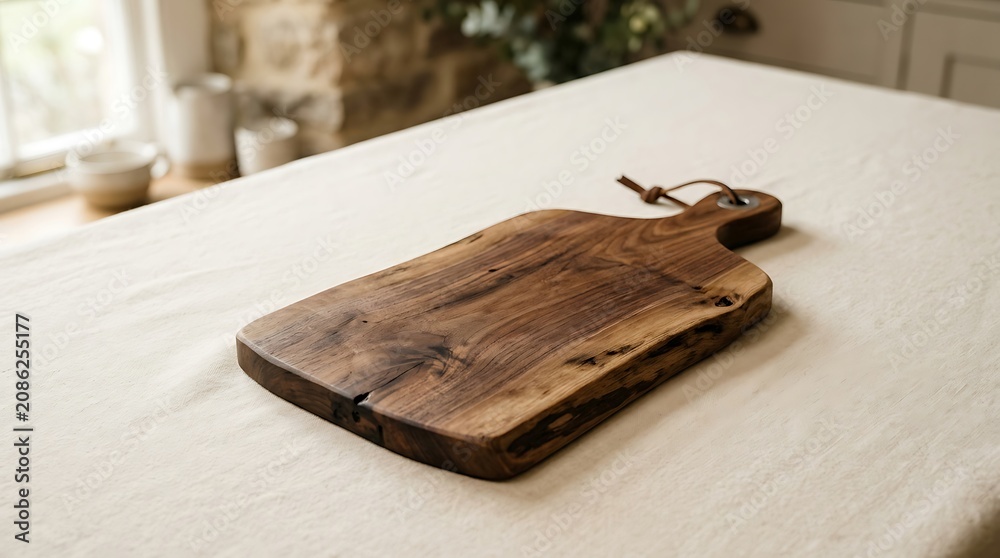 Fototapeta premium Handmade Rustic Wooden Cutting Board on a Linen Tablecloth