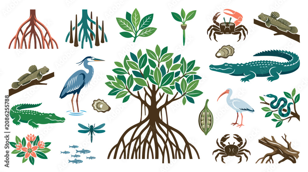 Obraz premium Mangrove Ecosystem Flat Vector Icons: Wildlife, Plants, Roots, and Environment