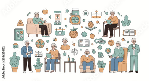 Flat line art vector illustration of senior citizens engaged in healthy activities, including reading, digital health tracking, and gardening for a longevity ecosystem concept.