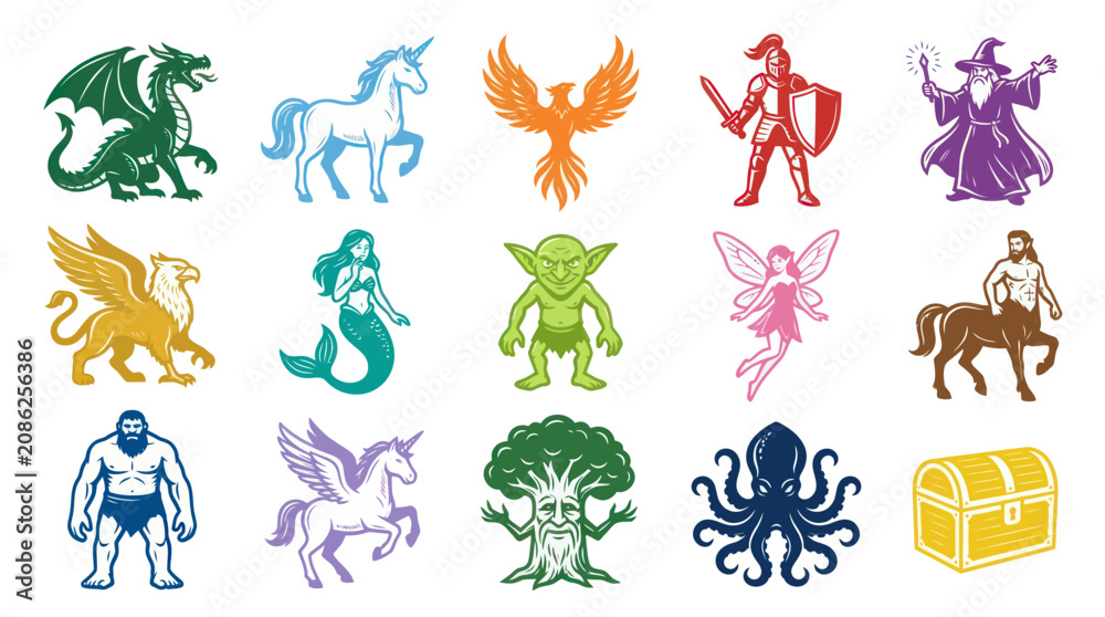 Obraz premium Collection of Fantasy and Mythical Creatures Vector Mascots - Dragon, Unicorn, Wizard, Mermaid, Gryphon Icons