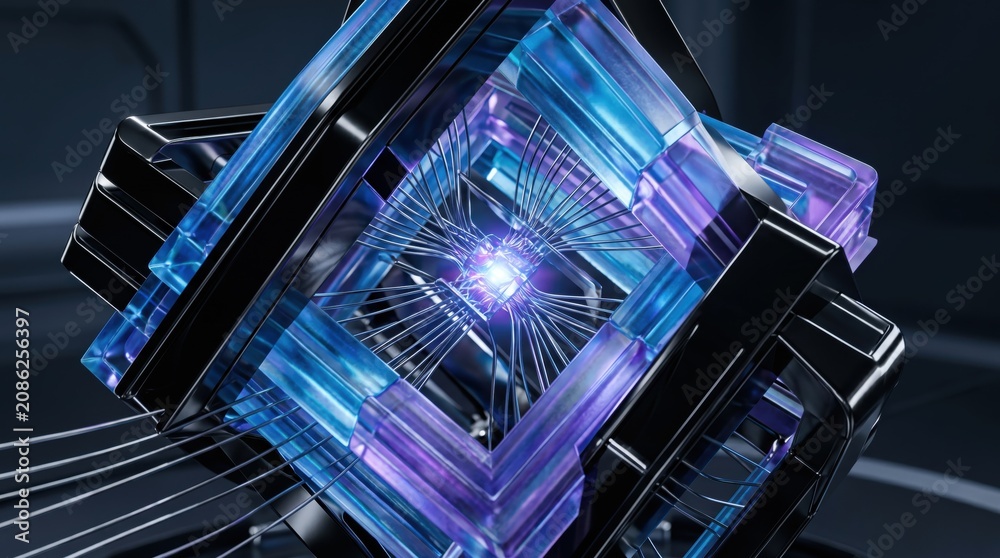 Fototapeta premium Abstract quantum computing processor chip visualization, futuristic technology concept, artificial intelligence core, high speed data processing unit