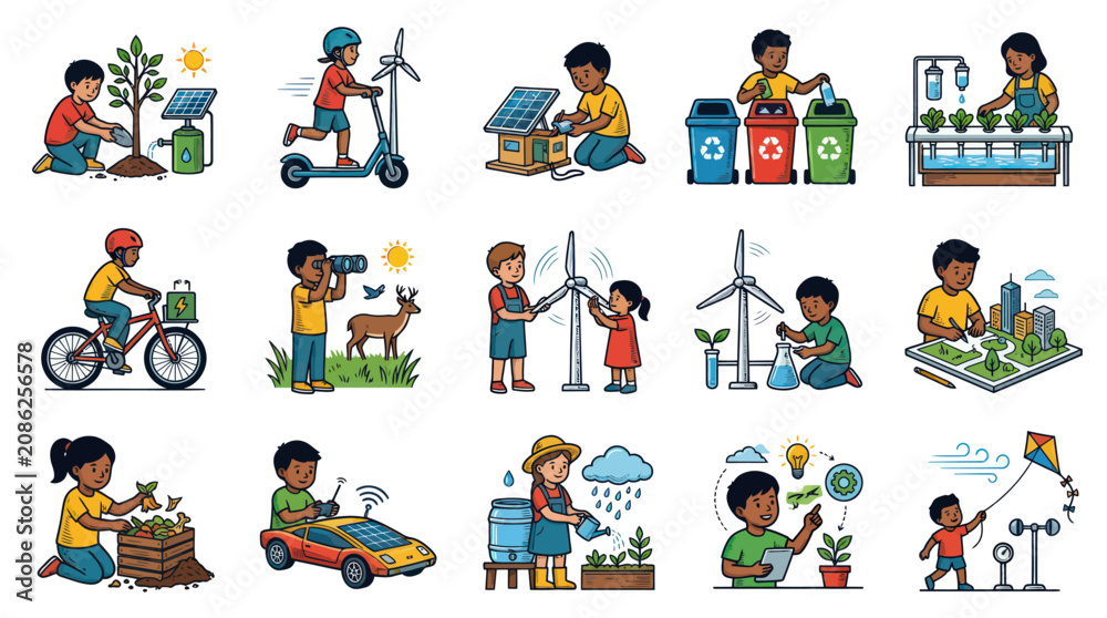 Fototapeta premium Children's Environmental Education: Kids Learning Sustainable Living, Green Energy Eco-Friendly Flat Vector Illustrations