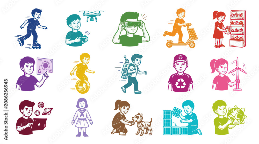 Obraz premium Children Engaging with Technology and Sustainability: Vector Icons
