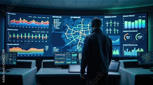 Operator monitoring city power grid status on large control room screens, smart energy management system, renewable output analysis