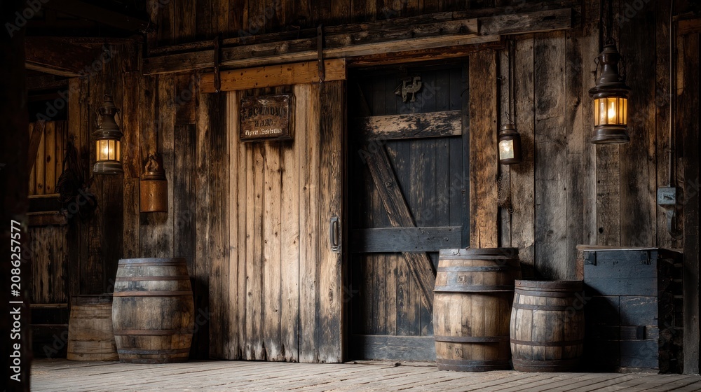 Fototapeta premium Rustic wooden interior with barrels and lanterns