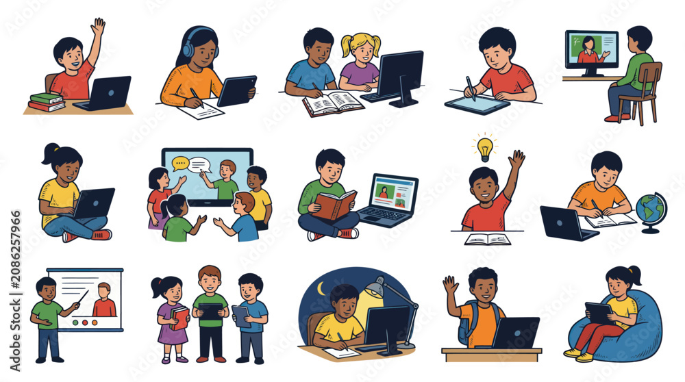 Fototapeta premium Kids and Students E-learning, Remote Education with Laptops, Tablets, Books. Flat Vector Illustration Set.