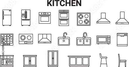 Kitchen appliance and furniture line icons set for interior design planning and home renovation project vector