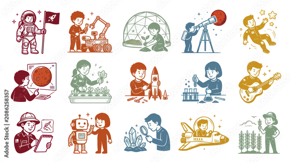 Obraz premium Children's STEM Education Space Exploration Hand Drawn Line Art Illustrations Set