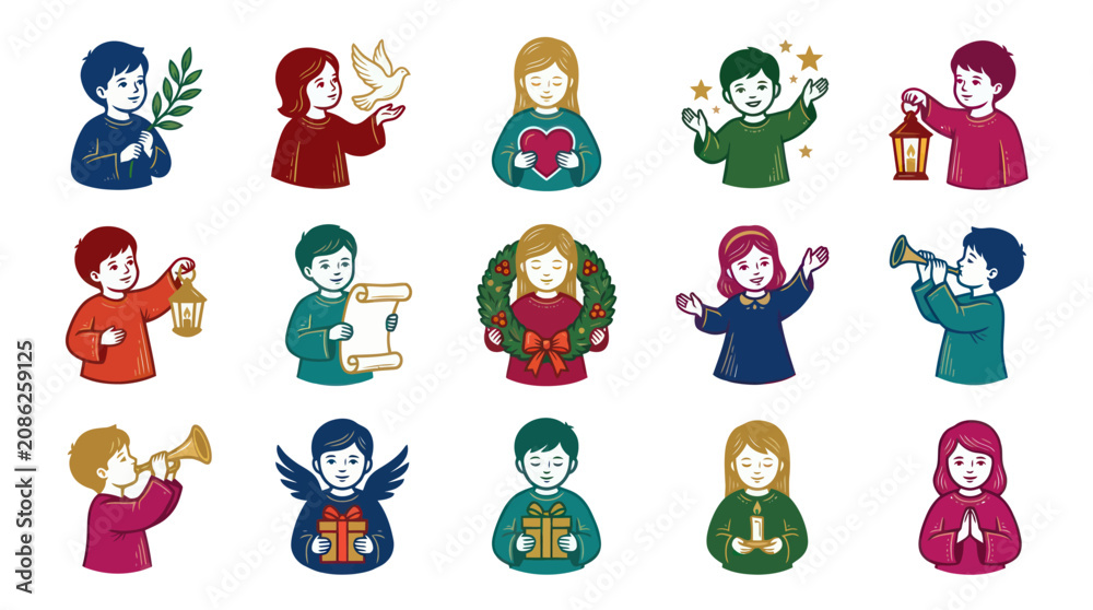 Obraz premium Christmas Children Icons: Kids with Gifts, Lanterns, Dove, Wreath, Candles, Trumpet, Scroll, Heart