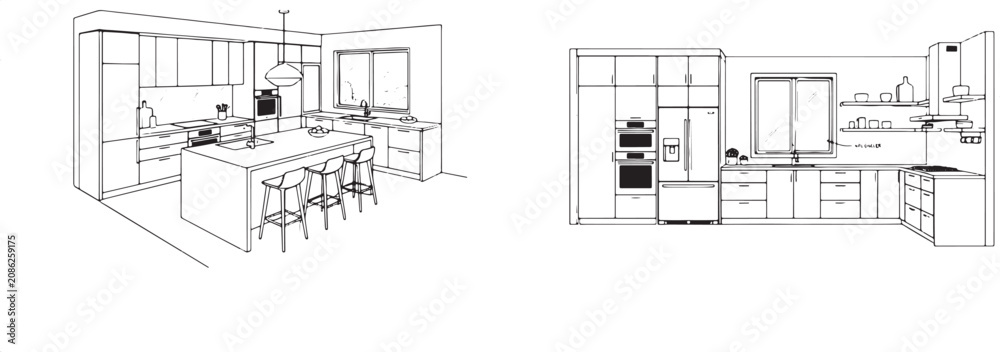 Fototapeta premium Kitchen interior design technical drawings with isometric views and elevation layouts for architectural planning and home renovation