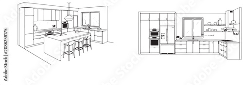 Kitchen interior design technical drawings with isometric views and elevation layouts for architectural planning and home renovation