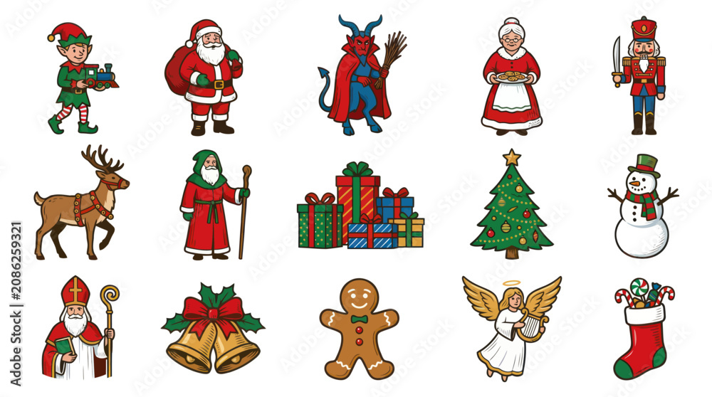 Obraz premium Christmas Holiday Festive Cartoon Vector Icons Set. Traditional Characters, Decorations, and Symbols in Outline Illustration.