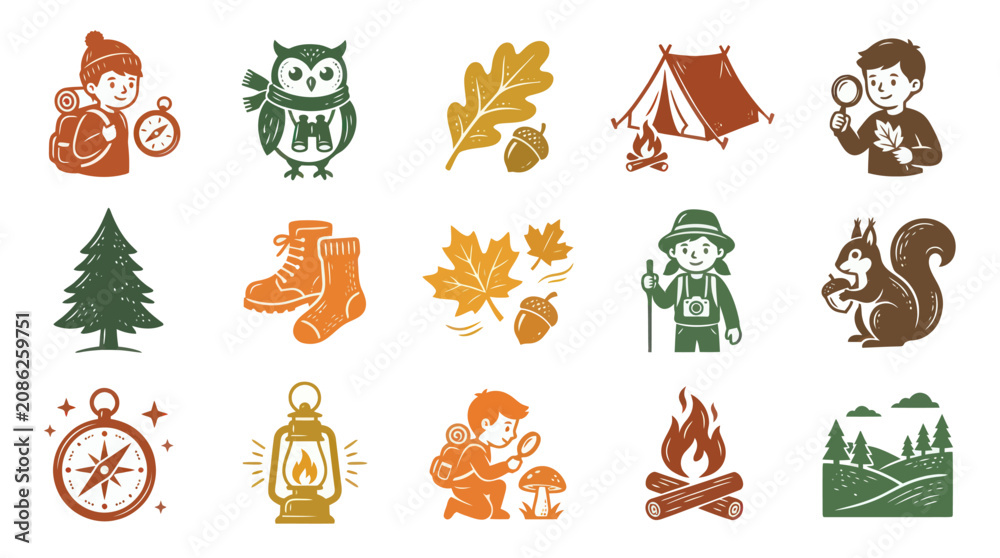 Obraz premium Vintage Outdoor Adventure Icons Set: Camping, Hiking Nature Elements in Retro Textured Illustration Style