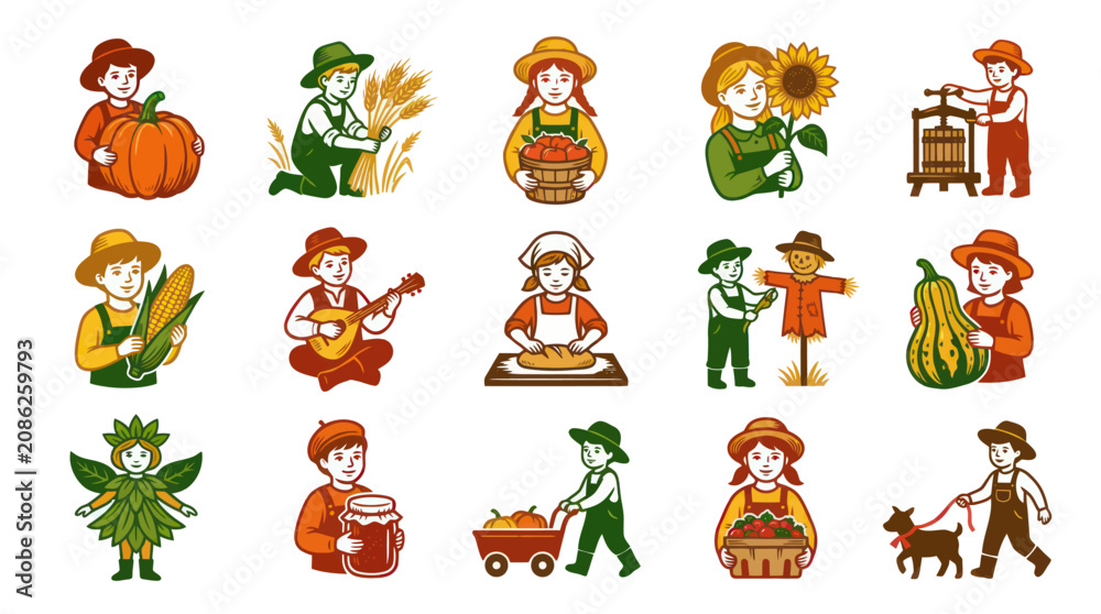Fototapeta premium Agriculture and Farming Vector Cartoon Illustrations Set of Farmers Harvesting Crops and Rural Life