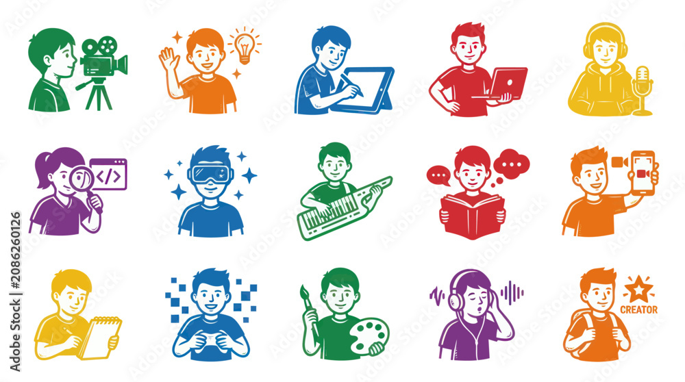 Obraz premium Kids Creator Icons: Technology, Art, Music, Coding, Gaming, Learning, Video, Photography