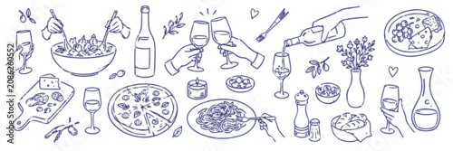 Fototapeta na wymiar Hand drawn dinner party doodles, blue line art food and wine illustrations, rustic restaurant menu vector elements, romantic date night icons