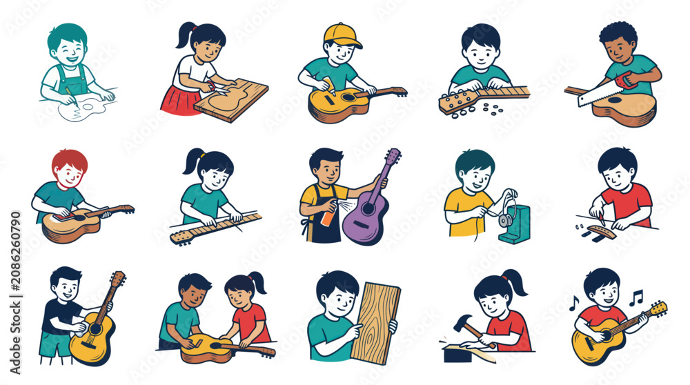 Obraz premium Children Learning Guitar Making and Playing. Flat Vector Illustration of Luthier Craft, Woodworking, and Music Education.