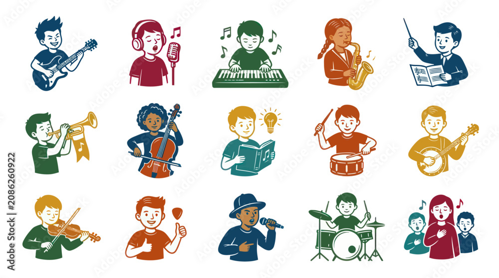 Fototapeta premium Children Playing Musical Instruments and Engaging in Music Education. Flat Vector Cartoon Illustration Set for Kids' Hobbies.