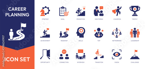 Set of career planning solid icon. Promotion, skills, networking, opportunity, roadmap and more.