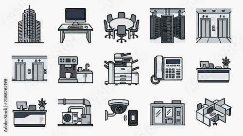 Industrial Black and White Line Icons Set Featuring Office Equipment Building Elements and Workspace Scenes