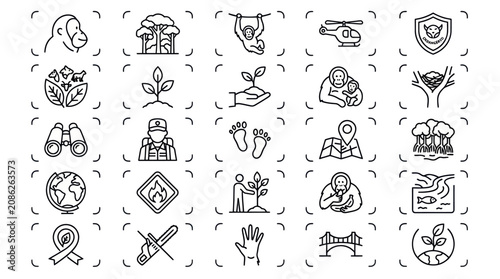Photography Anti-poaching wildlife rescue and forest monitoring line icons.