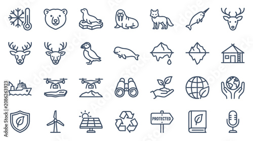Photography Arctic animals and renewable energy line icon set