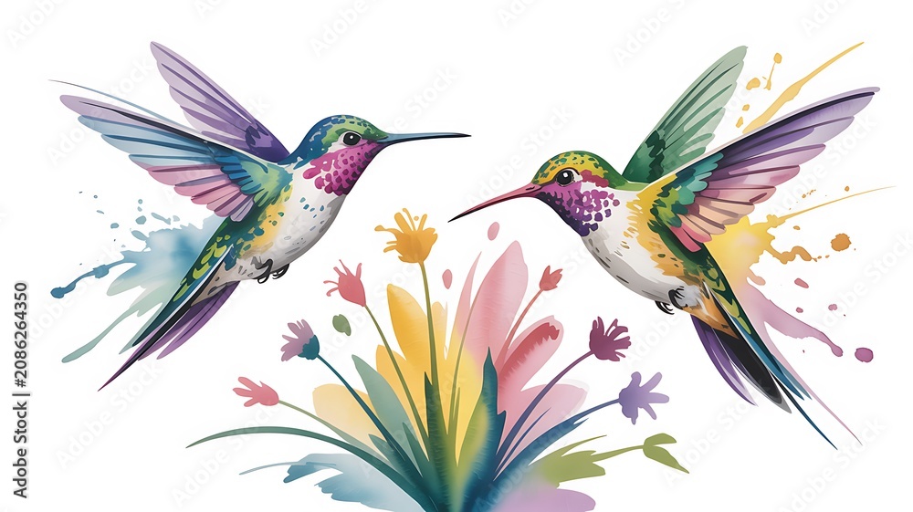 Fototapeta premium Watercolor painting of two colorful hummingbirds fluttering near a vibrant floral cluster