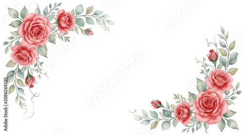 Obraz na płótnie Elegant watercolor floral corner frame with soft red roses, rosebuds, and green leaves on transparent background