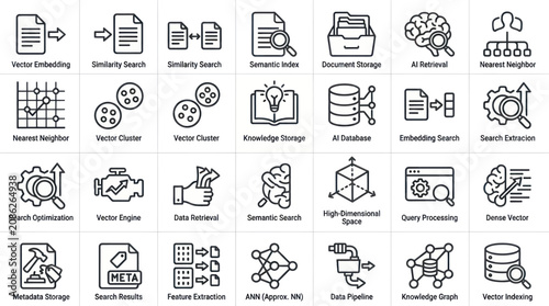Foto Artificial intelligence and vector data management line icons.