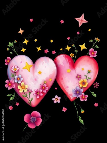 Delicate, hand-painted illustrations of hearts adorned with stars and flowers, illustration, romance