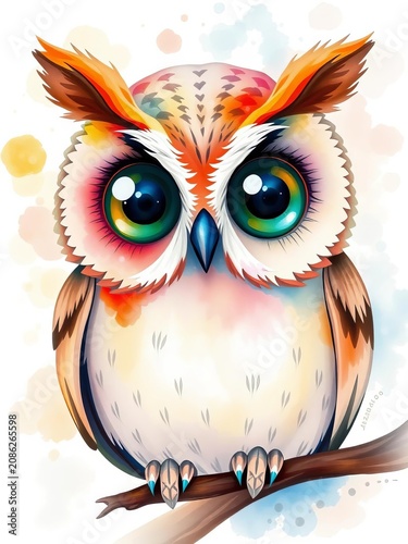 Whisper-soft watercolor owl with big round eyes and gentle expression, trees, dark