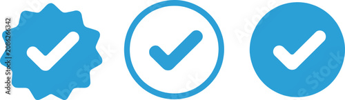 Photos Account verify icons featuring verified badge, check mark, tick symbol, confirmed approval, and authentication vector graphics