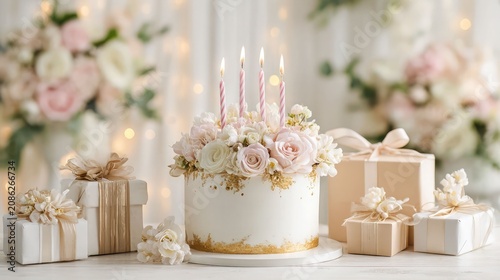 Elegant Birthday Cake with Floral Decorations and Gift Boxes