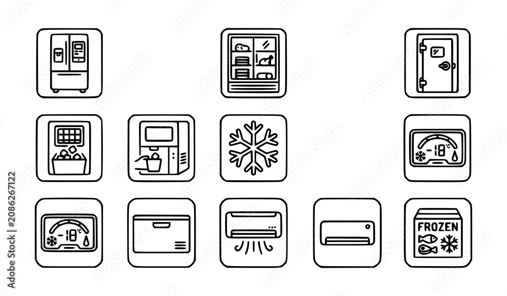 Fototapeta premium Modern refrigerator line icon set vector freezer outline symbols for kitchen appliance mobile app web design