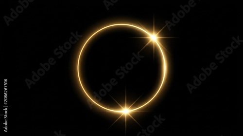 Golden circle light effect abstract neon ring with starbursts on black background