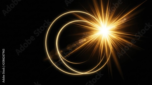 Golden light effect abstract starburst with concentric rings on black background