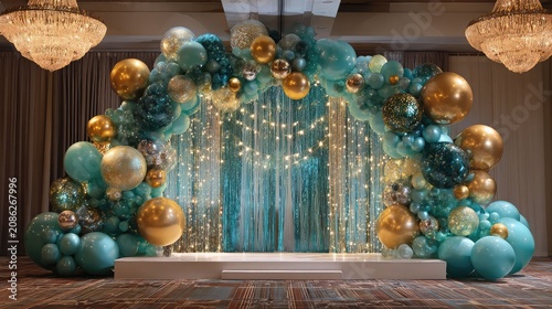 Luxurious Teal and Gold Balloon Arch Stage Decoration